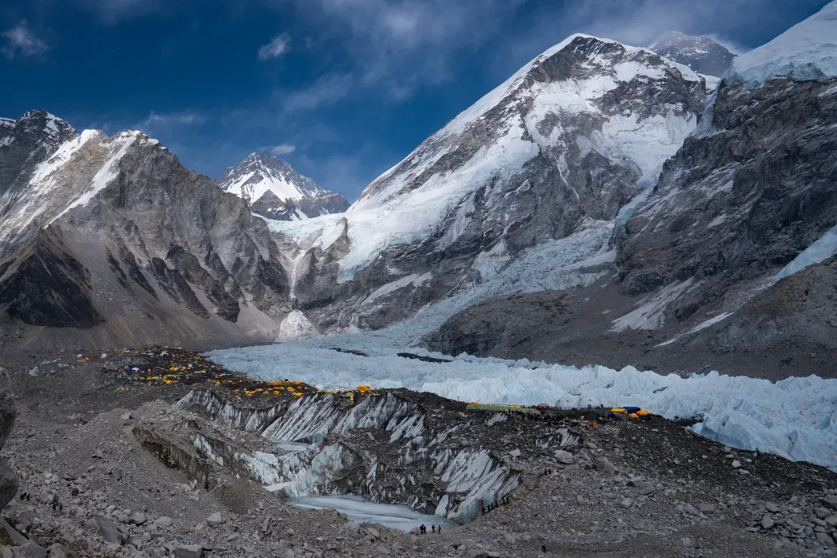 Everest Base Camp tents on the Khumbu Glacier, the goal of Everest climbing tours and base camp treks