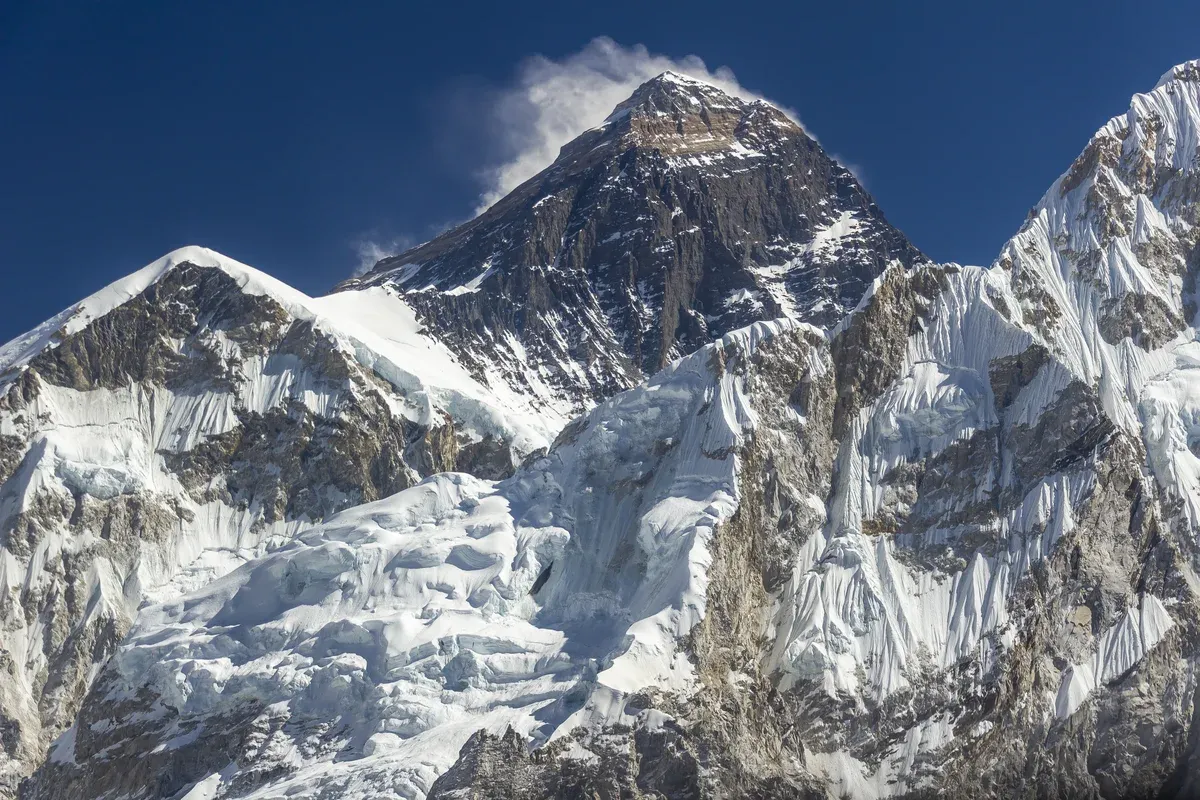 Mount Everest and Nuptse close up from Kala Patthar, the landing point of Everest climbing tours by helicopter