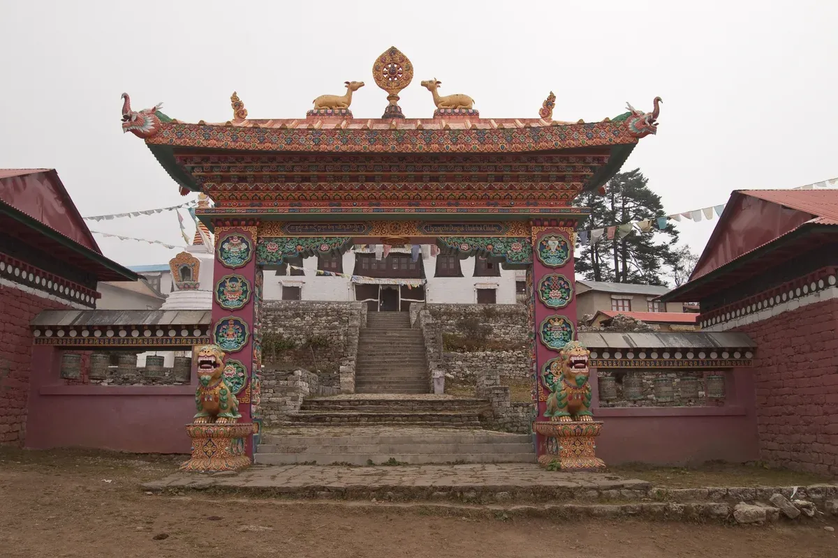 The painted gate of Tengboche Monastery on Everest climbing tours in the Khumbu