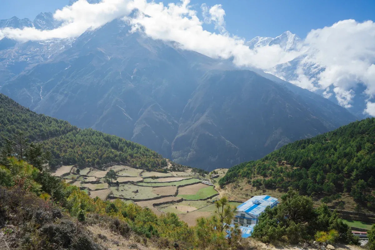 The valley below the trail from Namche Bazaar to the Everest View Hotel on Everest climbing tours, Nepal
